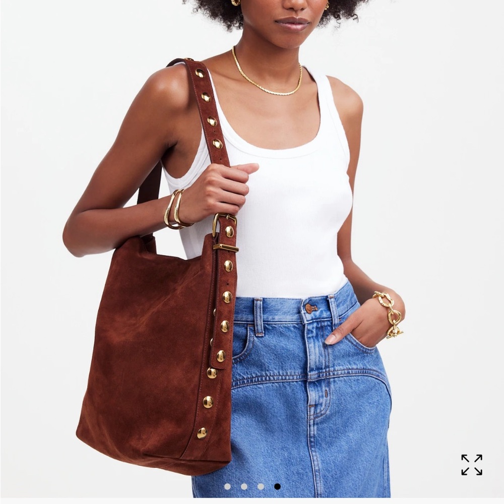Madewell “the essential bucket tote” in soft mahogany suede with gold studs